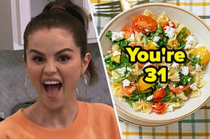 Selena Gomez with her mouth open and pasta with fresh veggies.