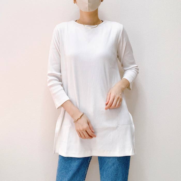 無印良品のおすすめのレディースアイテム「ストレッチリブ編み七分袖チュニック」