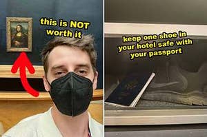 Side-by-side of me in front of the Mona Lisa and a photo of my passport and shoe in the hotel safe
