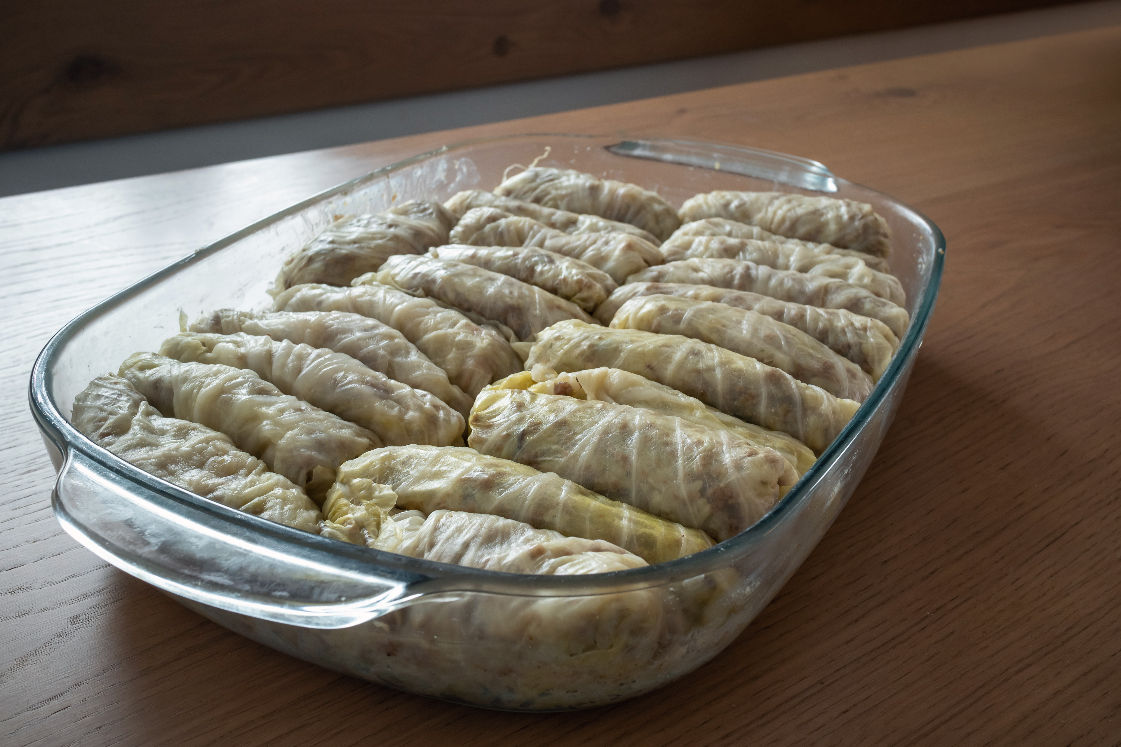 Cabbage rolls in a glass baking pan