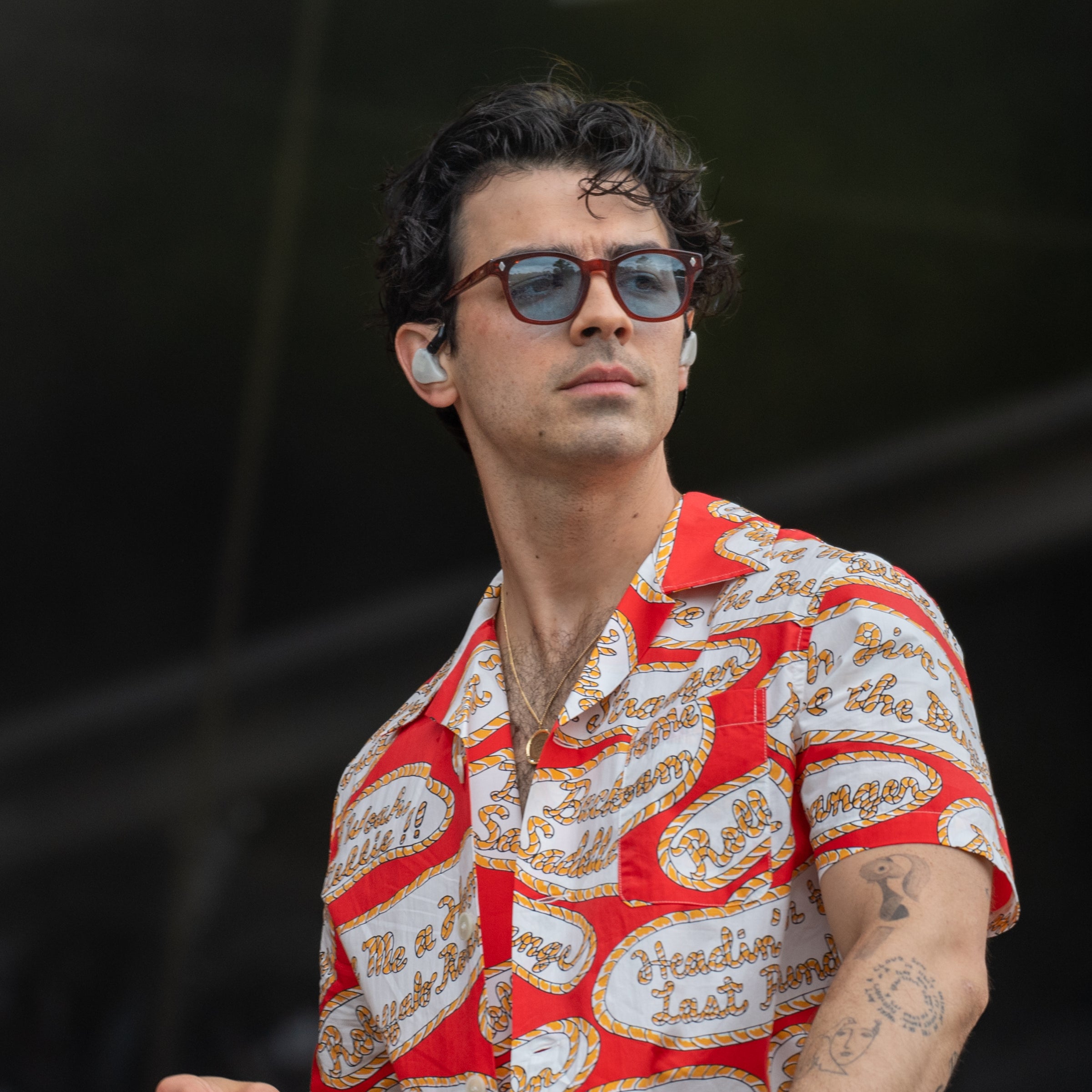 A closeup of Joe Jonas onstage