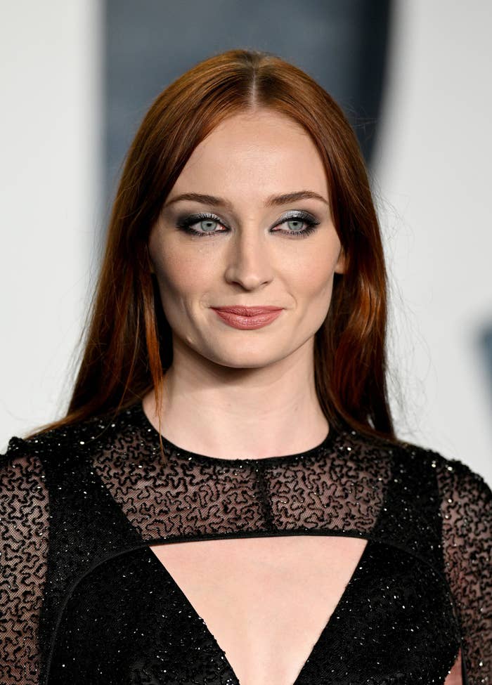 A closeup of Sophie Turner at a red carpet event