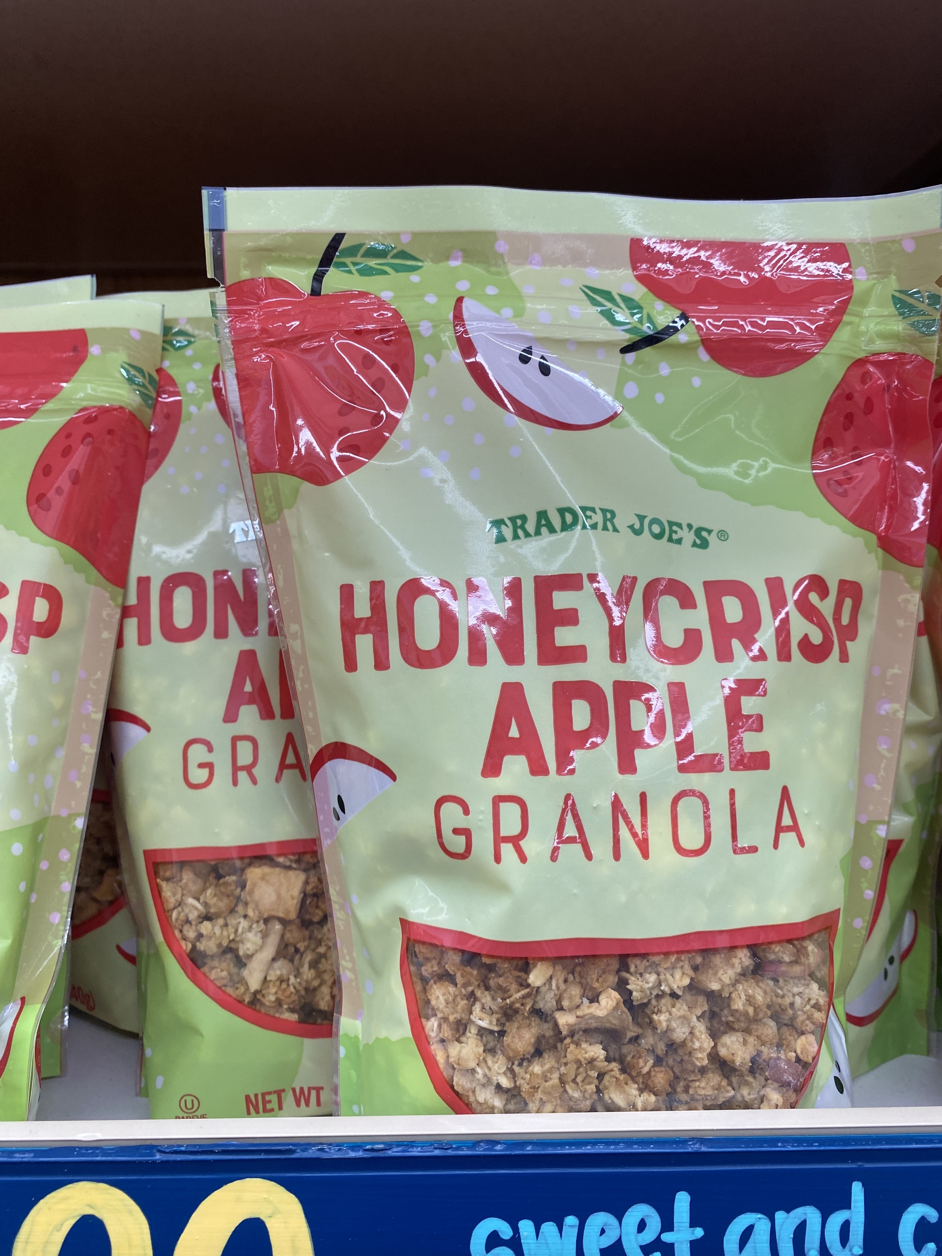 a bag of honeycrisp apple granola on a shelf