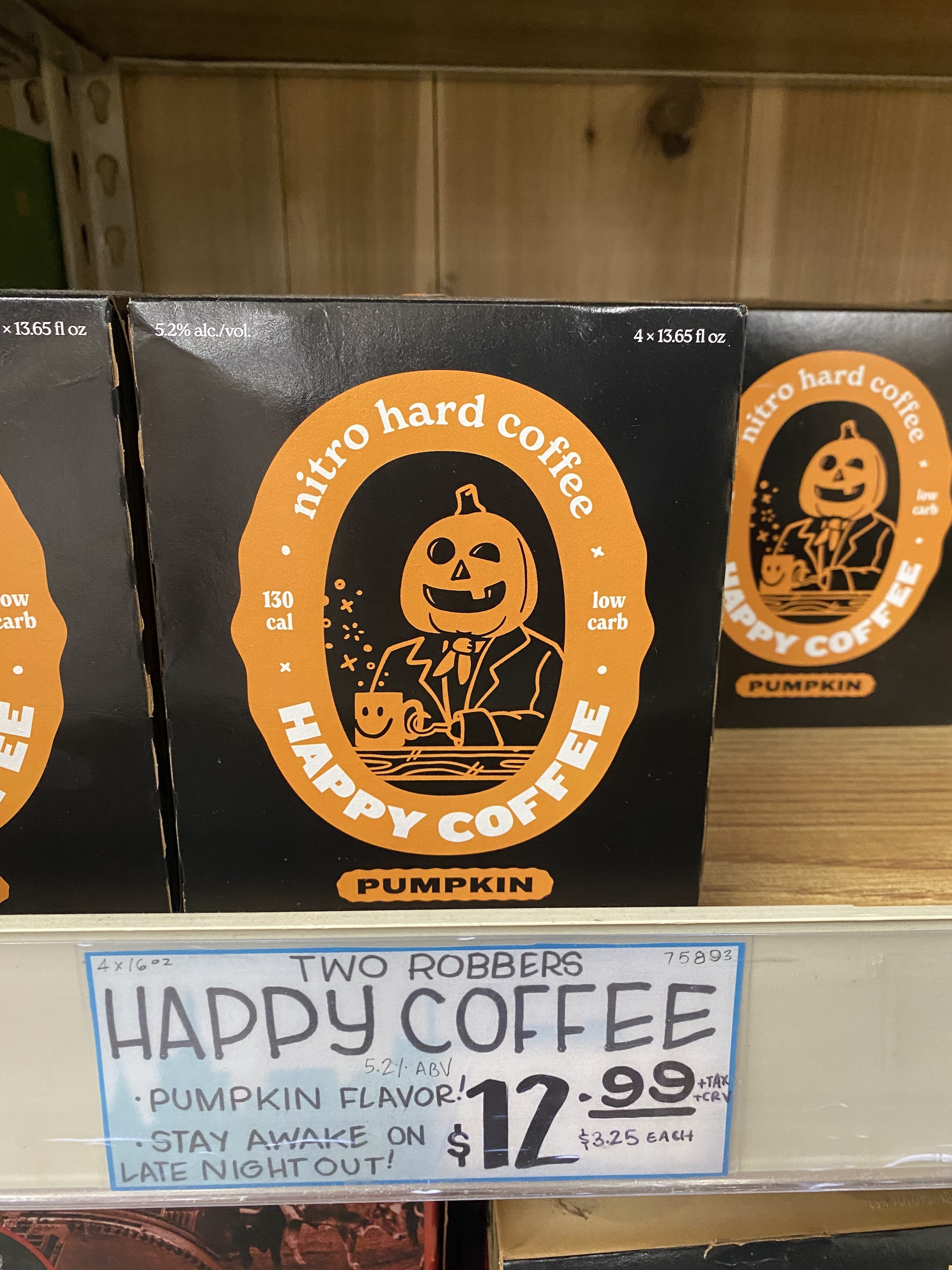 a box of pumpkin nitro hard coffee on a shelf