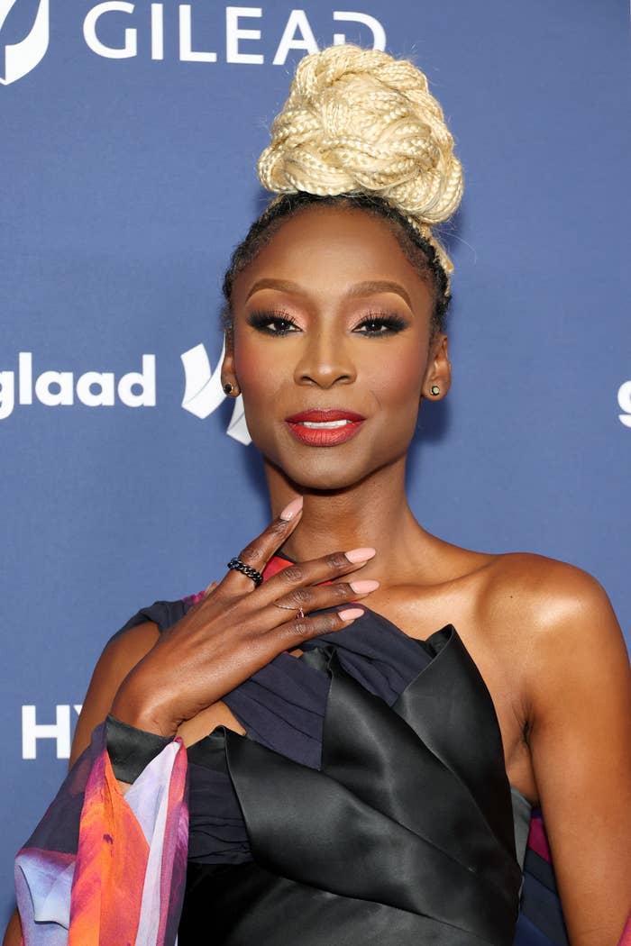 A closeup of Angelica Ross on the red carpet of a media event