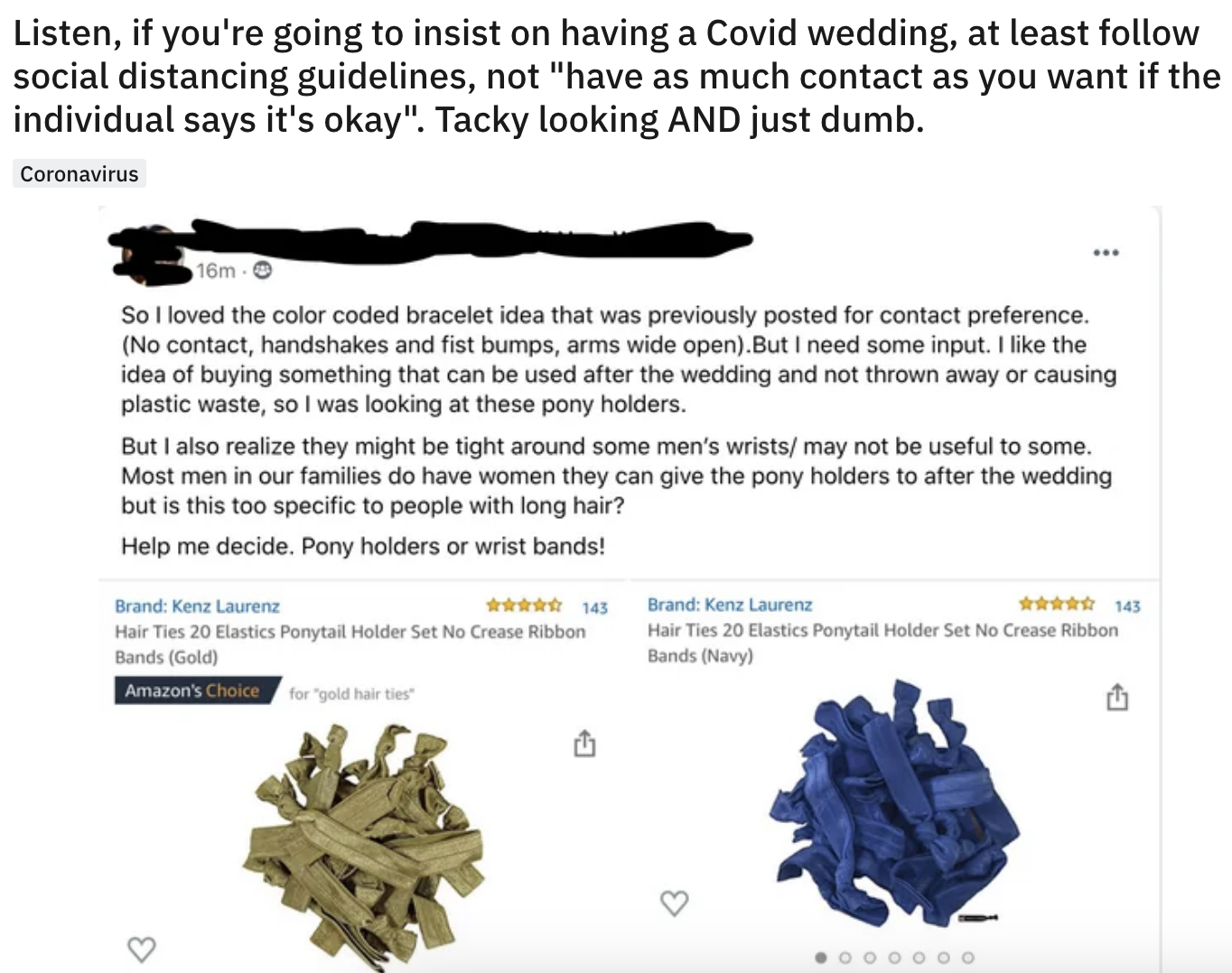 A social media post asks wedding guests to buy one of two hair ties to indicate if you want to social distance or not