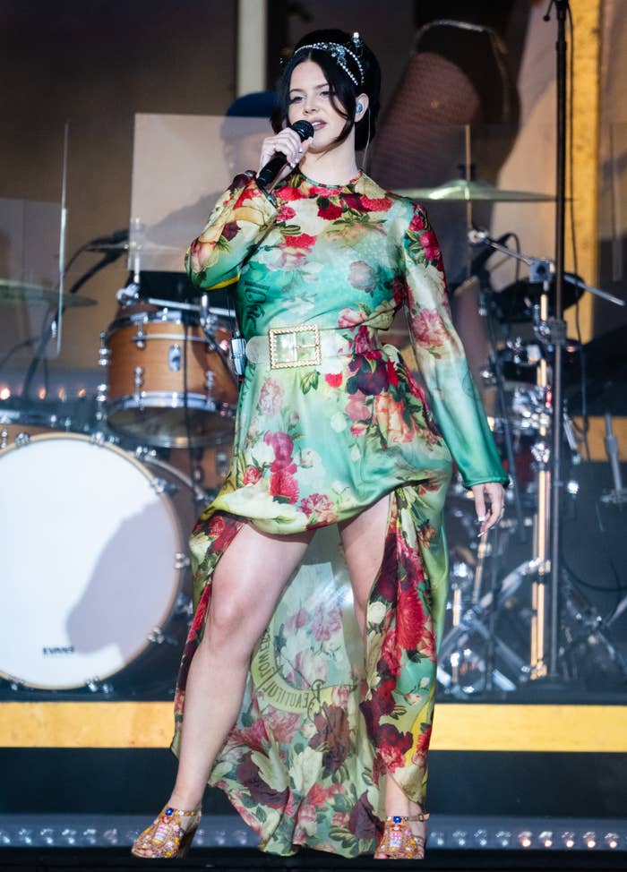 Lana Del Rey onstage wearing a floral printed dress