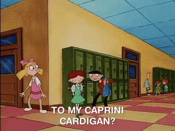 Rhonda from &quot;Hey Arnold!&quot; holding up a cardigan while saying &quot;To my Cabrini Cardigan?&quot;