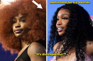 SZA looks out at a crowd vs SZA smiles for a photo