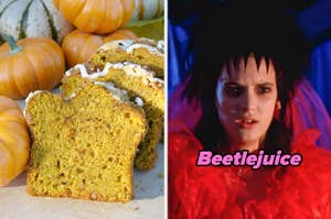 Slices of pumpkin bread next to a separate image of Lydia from Beetlejuice