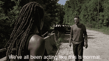 Aaron from &quot;The Walking Dead&quot; saying, Aaron says &quot;We&#x27;ve all been acting like this is normal&quot; to Michonne