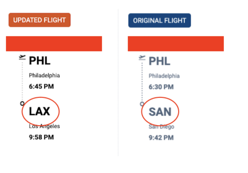 A screenshot of a travel app that shows someone&#x27;s flight has been updated; the original flight was supposed to land in San Diego, but the new one lands in Los Angeles