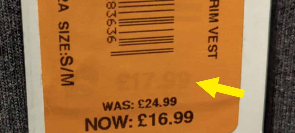 A sale sticker claims the item was £24.99, but the sticker was placed on top of the previous sticker that is still visible and says £17.99