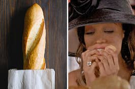 On the left, a baguette peeking out of a paper bag, and on the right, Tyra Banks shoving a bread roll into her mouth as Eve in Life Size