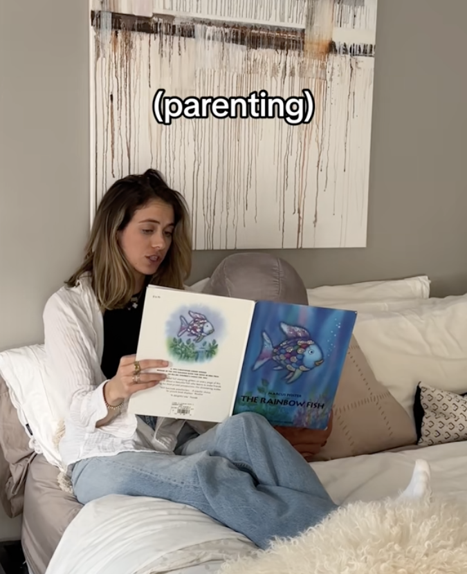 Mom reading a child a book in bed with caption &quot;parenting&quot;
