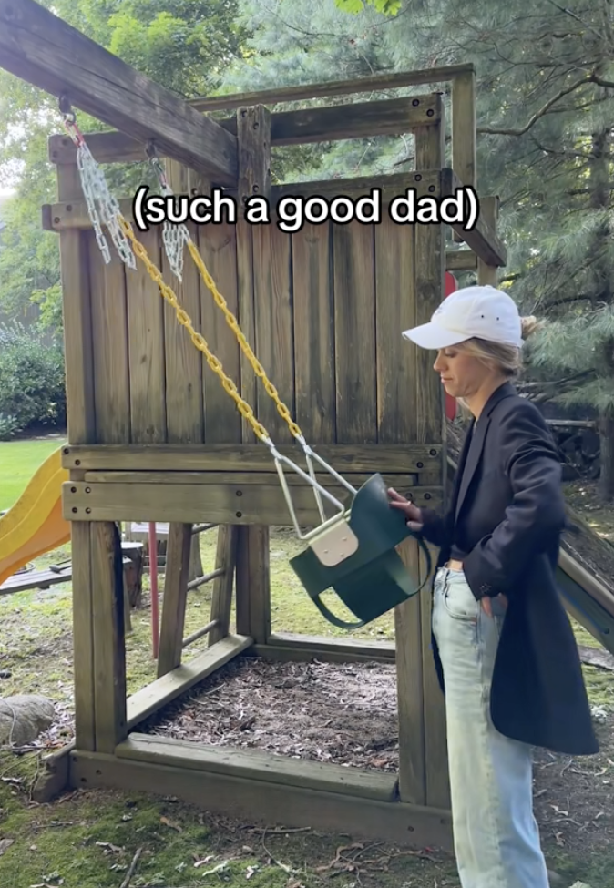 Dad pushing swing with caption &quot;such a good dad&quot;