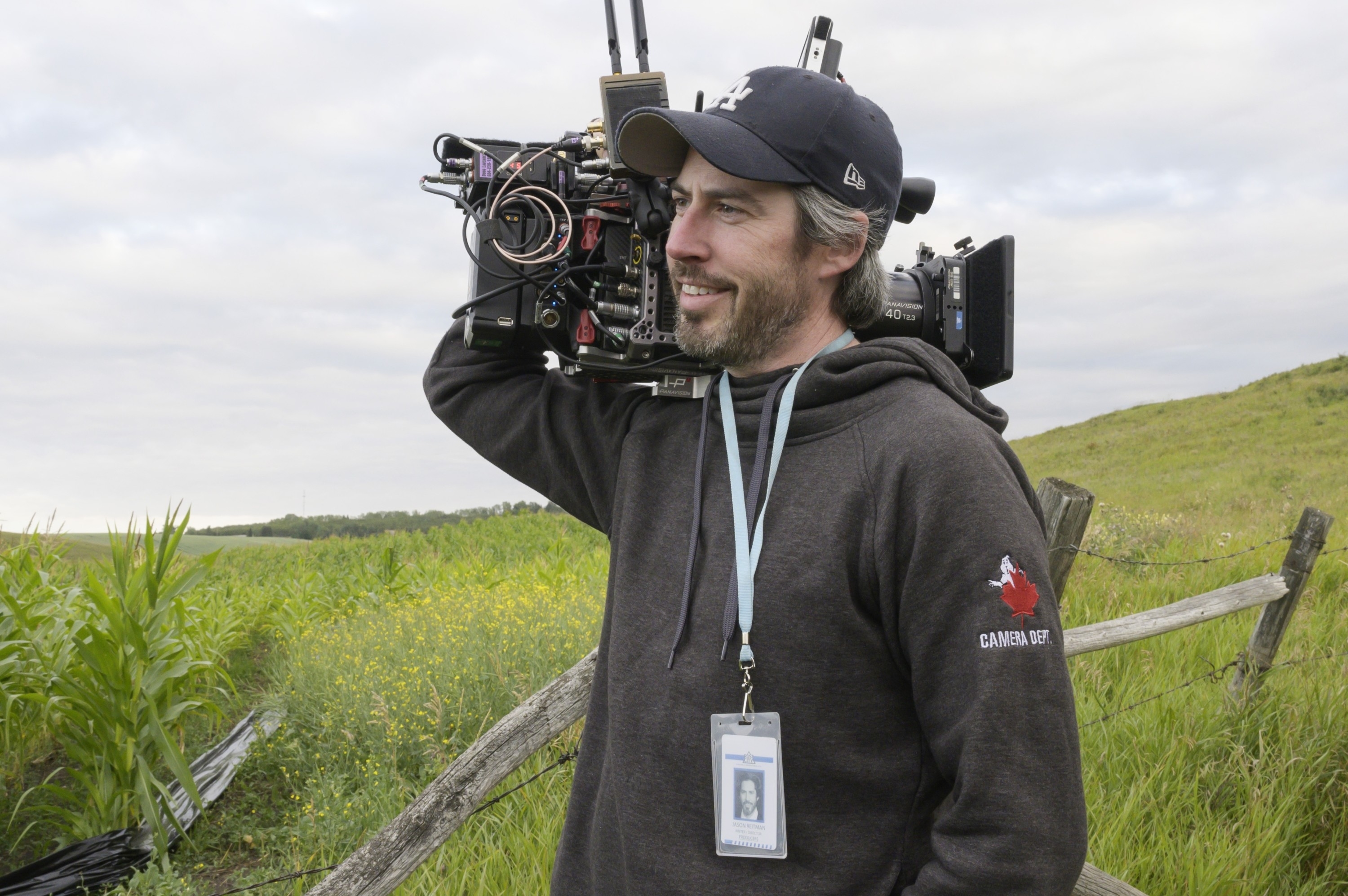 Closeup of Jason Reitman standing outside and holding a camera on his shoulder