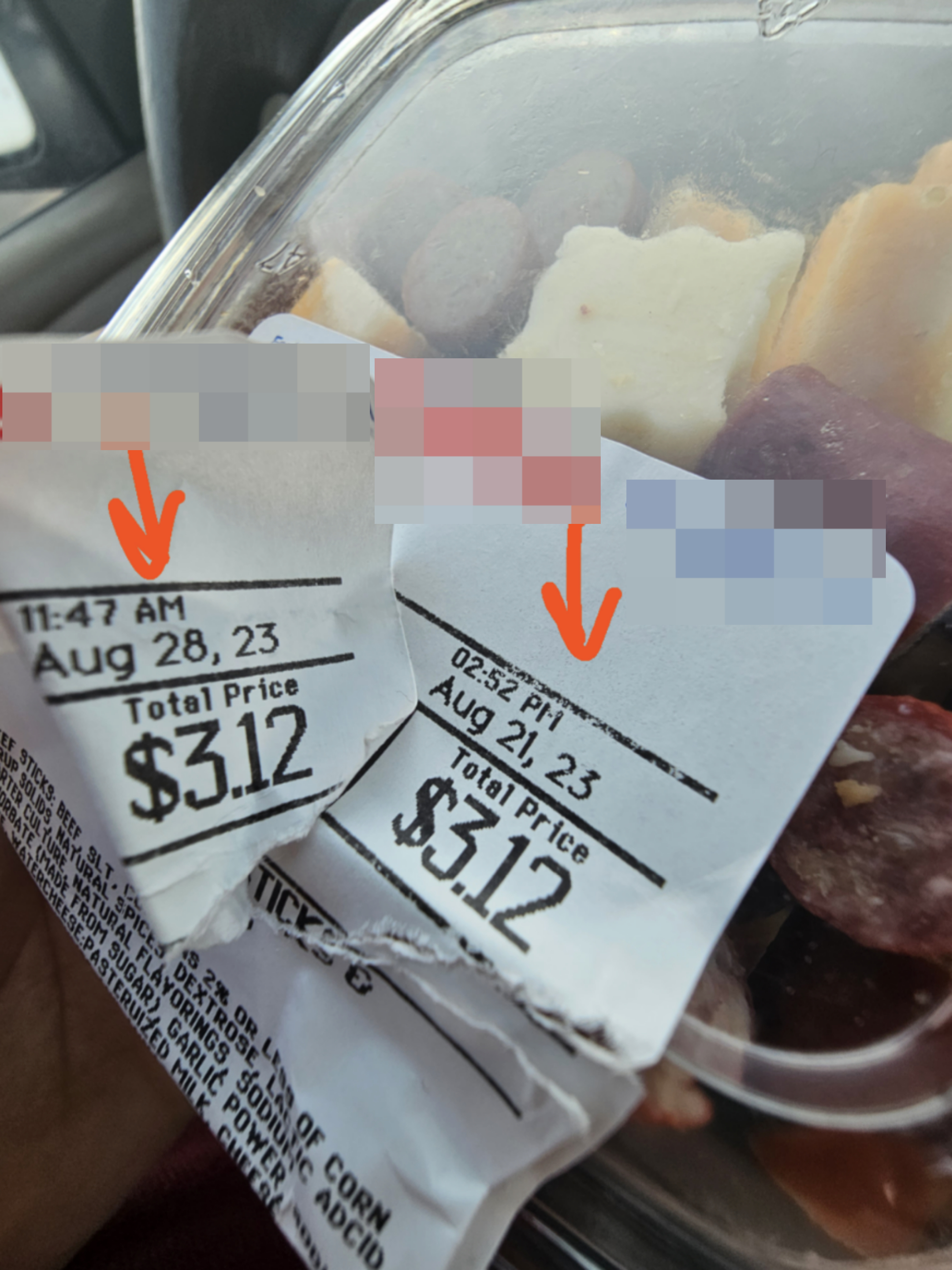 The same item has two stickers on it; the top sticker says the expiration date is Aug. 28, but when it&#x27;s ripped off, it reveals the sticker below has an expiration date of Aug. 21