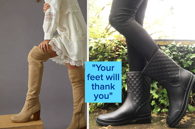 model in over the knee light brown boot / reviewer in black quilted rain boots