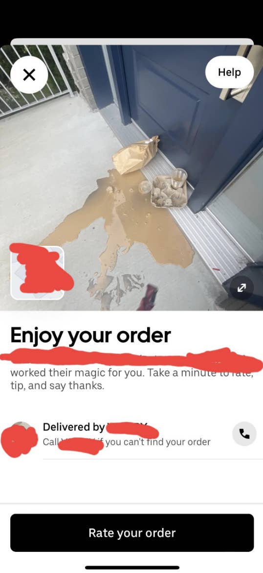 The photo of the order sent by Uber shows that it's all been spilled on the ground