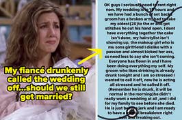rachel crying into her veil on friends with a post describing how a woman's fiancé drunkenly called the wedding off and her asking if they should still get married