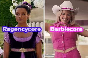 On the left, Kate from Bridgerton labeled Regencycore, and on the right, Margot Robbie as Barbie labeled Barbiecore