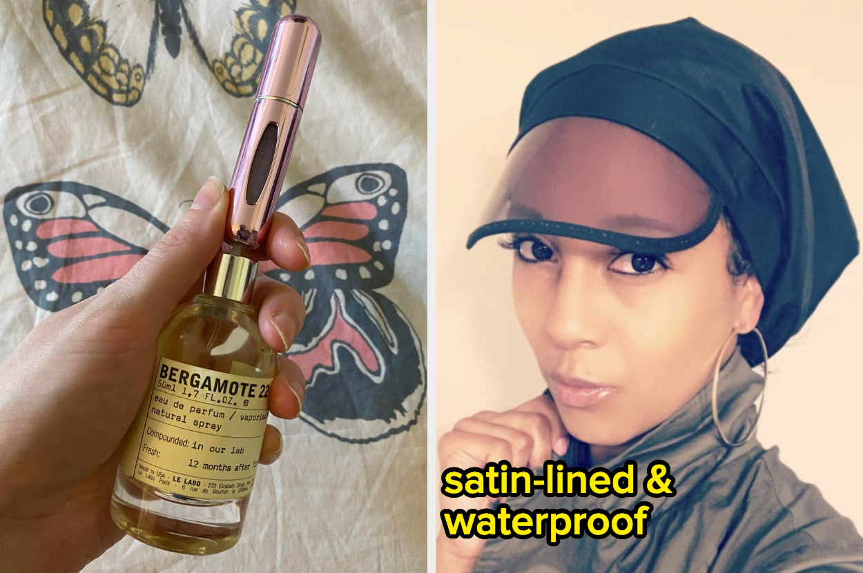 atomizer pumping on a perfume bottle / Reviewer wearing black flexible cap with small plastic visor on their head  "satin-lined and waterproof" 