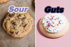 On the left, a chocolate chip cookie labeled Sour, and on the right, a frosted sugar cookie labeled Guts