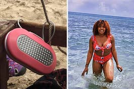 lockbox with cord wrapped around beach chair, reviewer in floral bikini