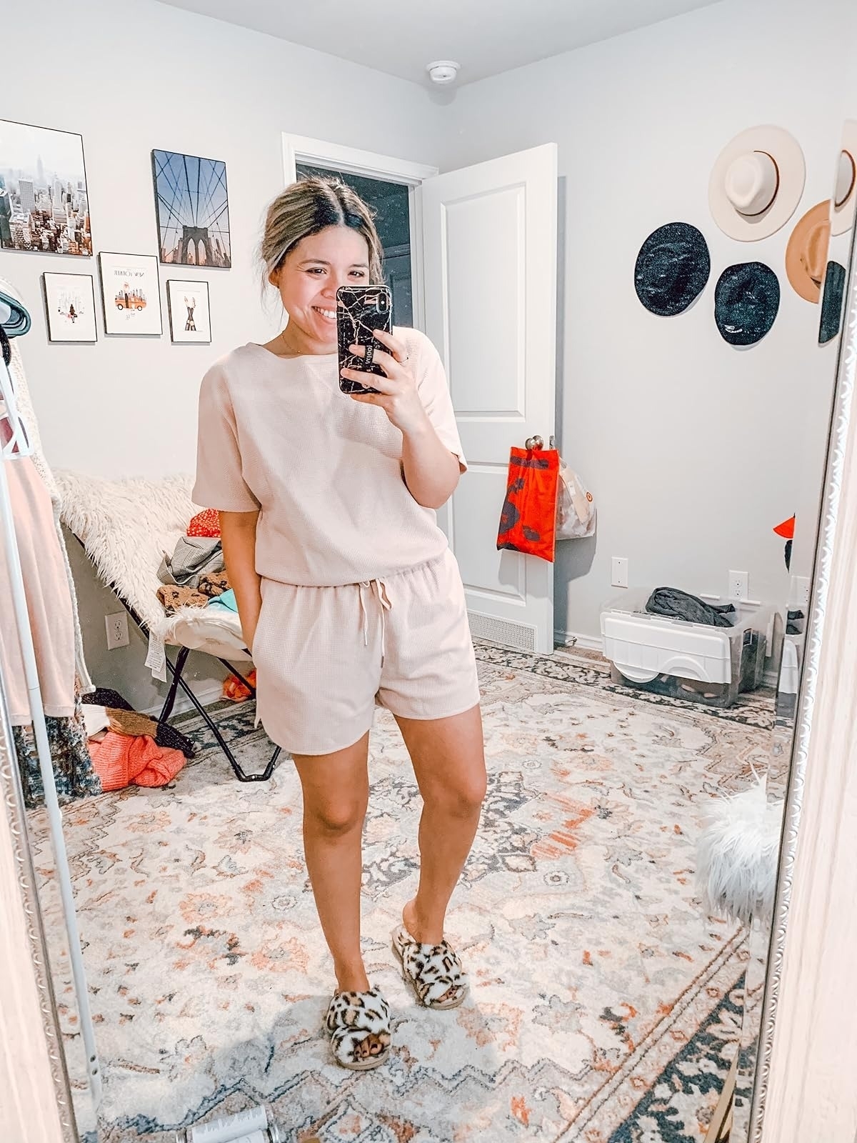 reviewer wearing matching beige short sleeve top and shorts loungewear set