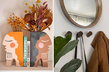 two face bookends that are also a vase holding faux flowers / reviewer's wooden wall hooks
