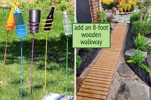 colorful drink stakes holding beverage containers / reviewer's 8-ft wooden walkway in a graden