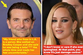 Bradley Cooper smiles on the red carpet vs Jennifer Lawrence looks over at something during an event