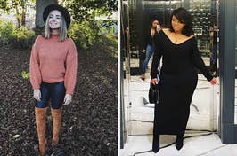 on left: reviewer in pink turtleneck sweater. on right: reviewer in black off-shoulder midi sweater dress