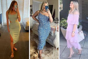 Three images of reviewers wearing midi dresses