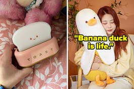 a hand holding a small pink toast lamp; a model hugging a banana duck plush toy and text that reads "banana duck is life"