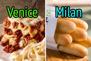 On the left, Post Malone eating an Olive Garden breadstick, and on the right, the Trevi Fountain in Rome