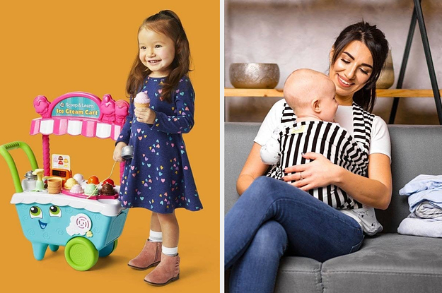 on left: child playing with interactive ice cream cart. on right: model carrying baby with striped sling carrier