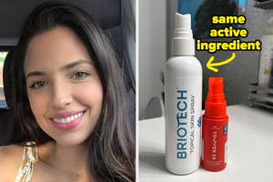 briotech spray and smaller tower 28 spray next to each other, featuring same active ingredient / before/after of reviewer's skin that looks much smoother and younger compared to before