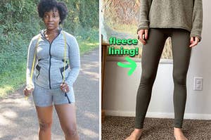 reviewer in gray and black running jacket / reviewer in olive fleece lined leggings