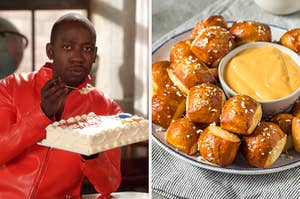 On the left, Winston from New Girl eating an entire birthday cake, and on the right, some soft pretzel bites with a side of cheese dip