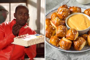 On the left, Winston from New Girl eating an entire birthday cake, and on the right, some soft pretzel bites with a side of cheese dip