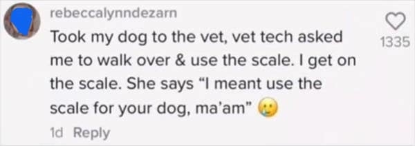 person got on the scale at the vet instead of putting their dog on the scale