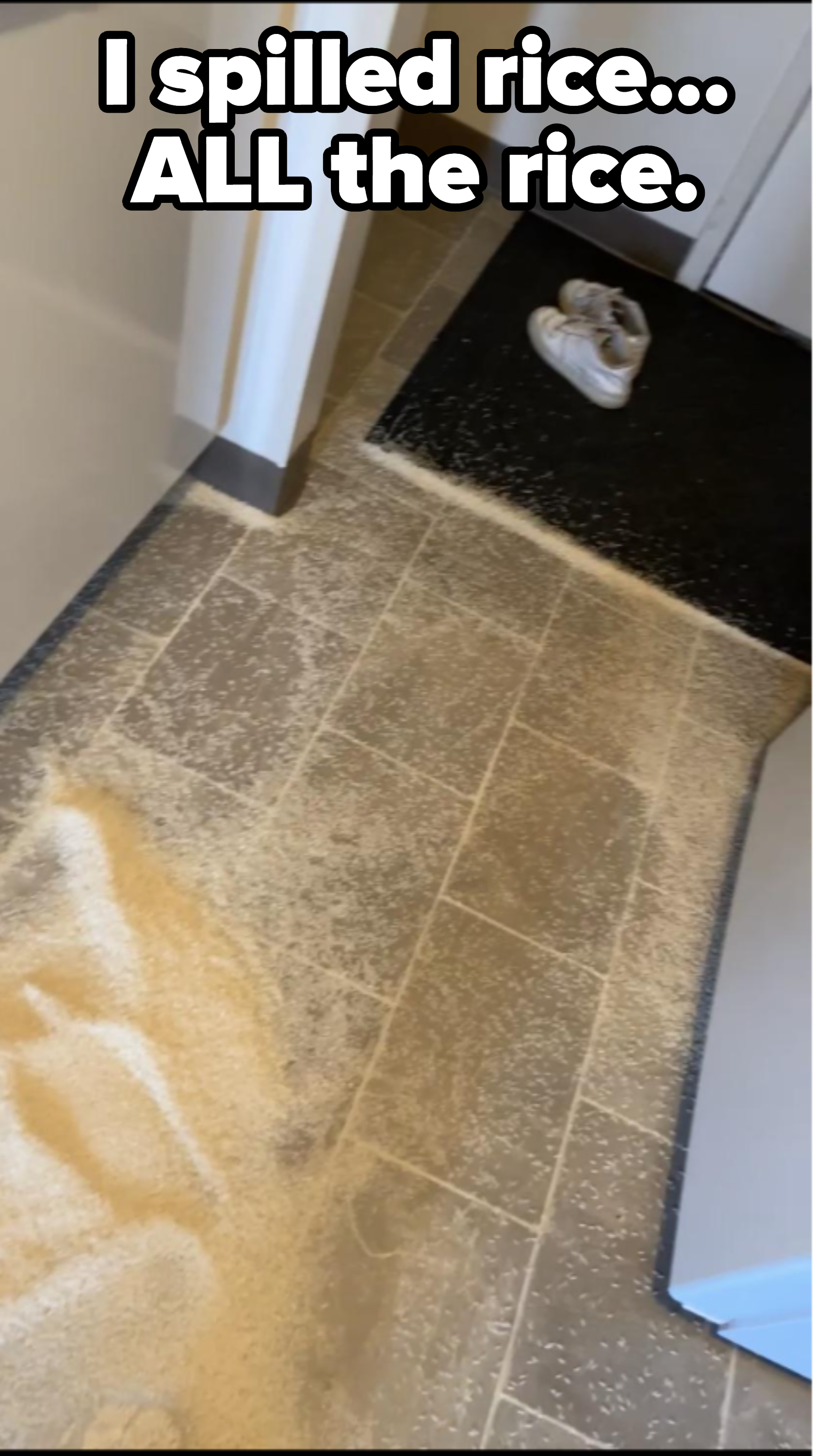 Rice spilled all over a tile floor, with caption, &quot;I spilled rice — ALL the rice&quot;