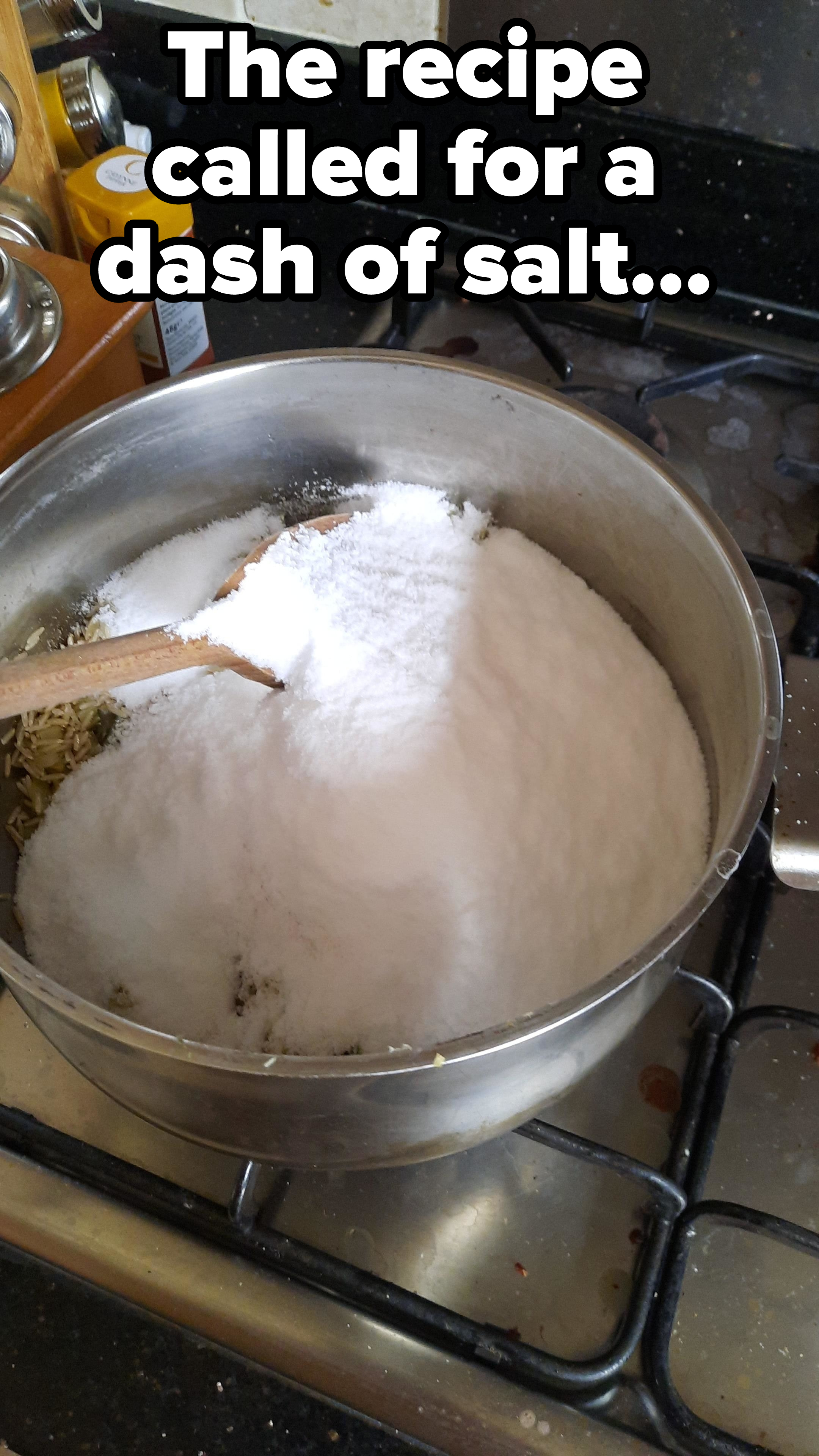 A pot on a stove with a pile of salt in it, with caption &quot;The recipe called for a dash of salt&quot;