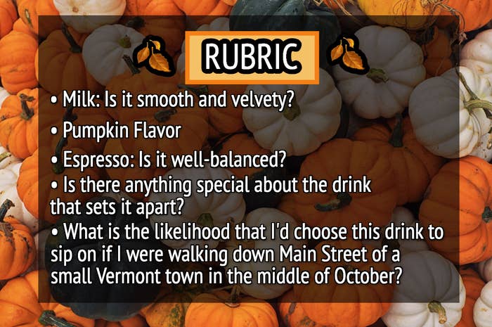 The rubric for taste-testing PSLs include milk, pumpkin flavor, espresso, if anything sets the drink apart, and the likelihood of wanting to carry the drink with you while walking through a small Vermont town