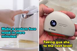 side by side images of a face mask making machine and an electric gua sha device