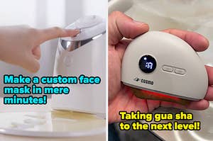 side by side images of a face mask making machine and an electric gua sha device