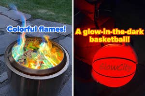 colorful flames; a glow in the dark mini basketball