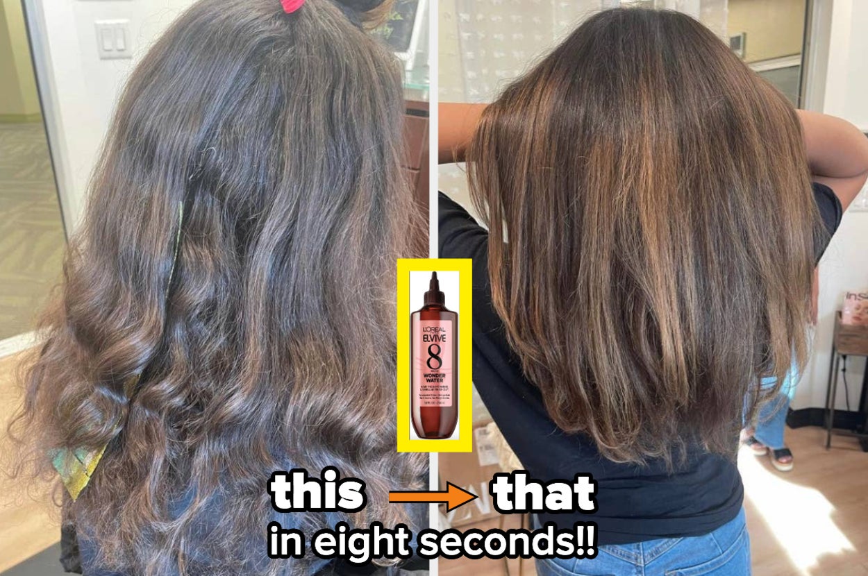  reviewer with dry and slightly wavy hair / same reviewer with super smooth and moisturized hair "This to that in eight seconds"